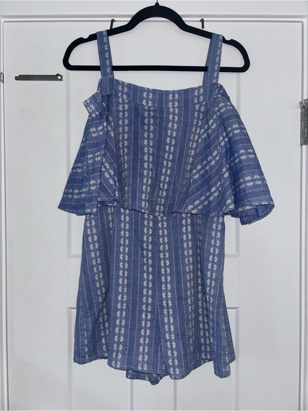 Blue Floral-Stripe Off-Shoulder Romper with Straps